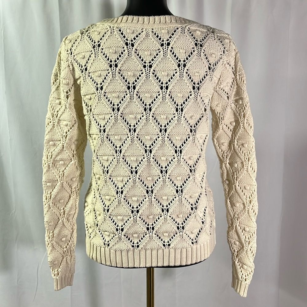 Tommy Hilfiger Cream Chunky Loose Pom Pom Knit Long Sleeve Cotton Sweater - Picture 3 of 16